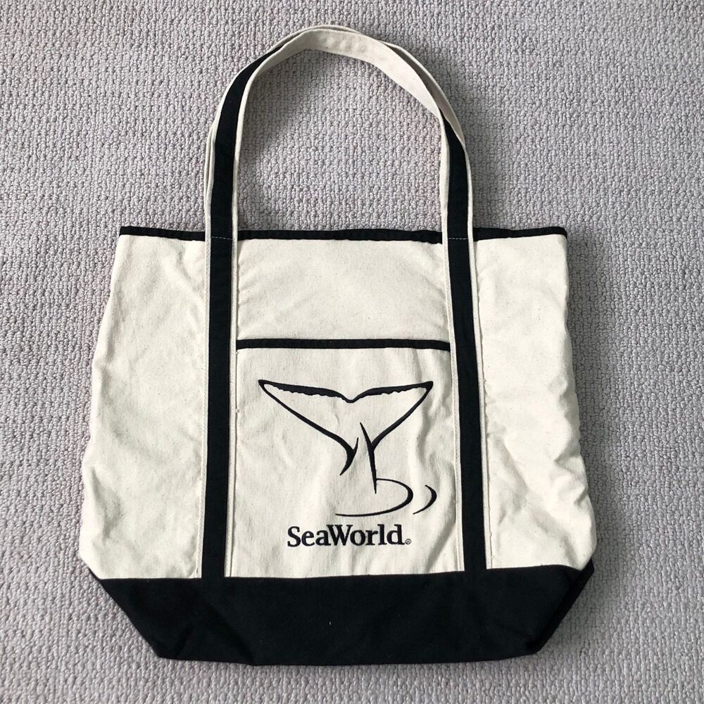 Sea World Canvas Tote Bag Cream Black Cotton Shoulder Shopping Beach Whale